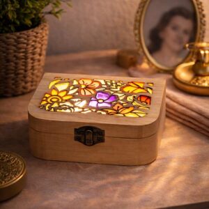 caja joyero de madera con luz y acabado en resina – diseño floral
