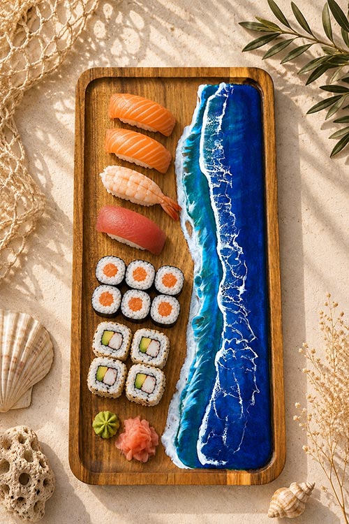 Bandeja de madera con decoración marina en resina - Imagen 2